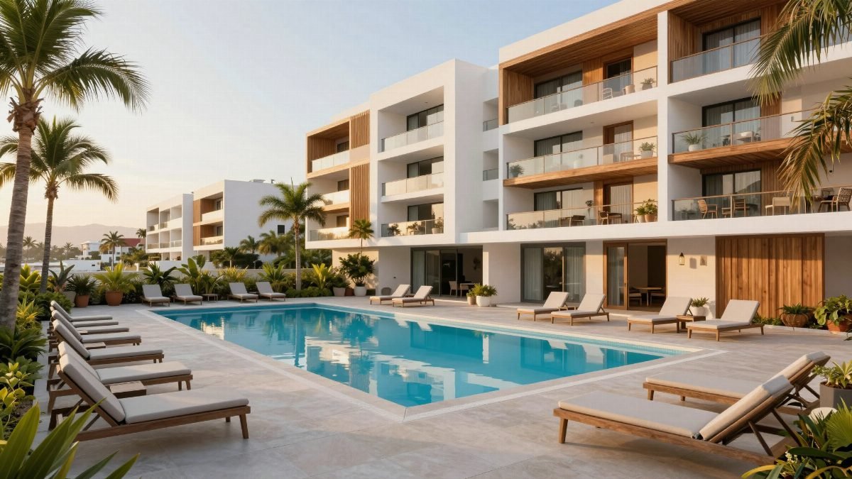 Areas comunes y alberca de un condominio moderno en Puerto Vallarta
