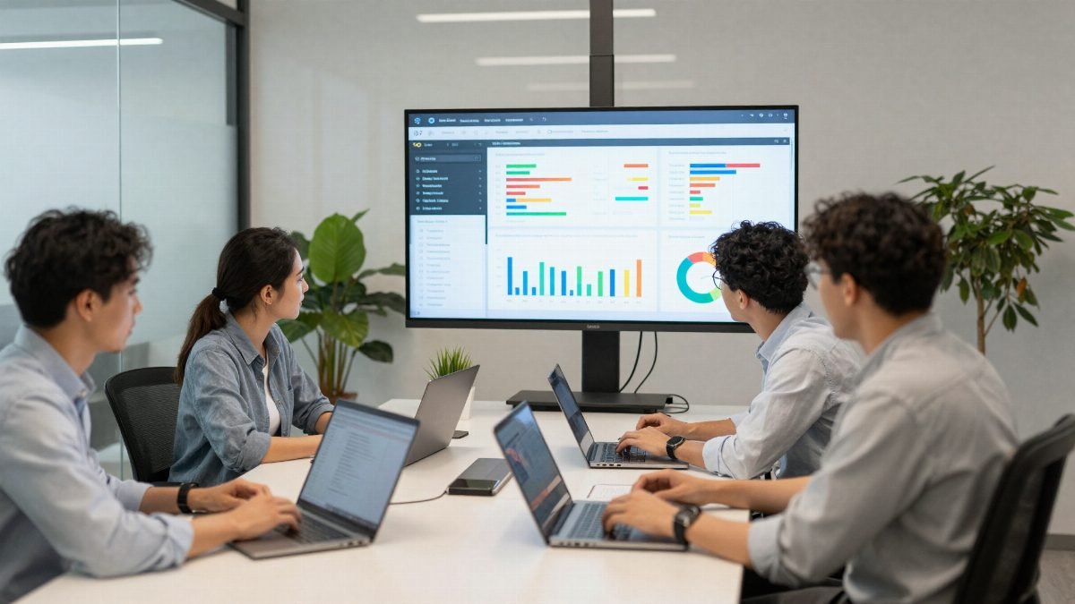 Equipo de una agencia de marketing digital analizando metricas