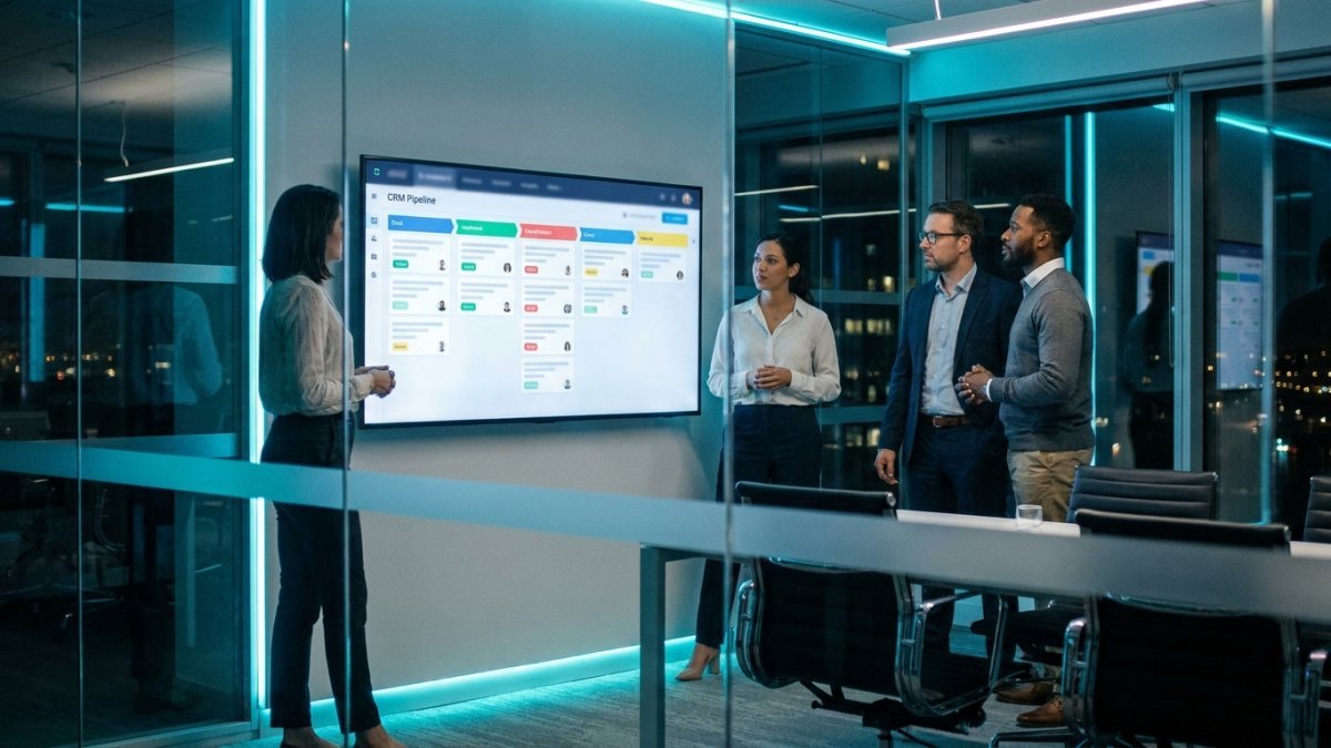 Equipo de ventas revisando un embudo de CRM en un monitor grande