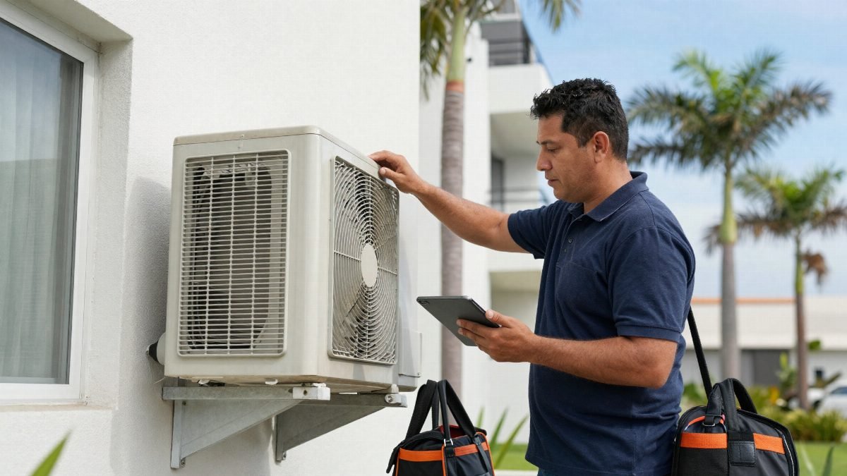 Tecnico dando mantenimiento preventivo a un equipo en un condominio