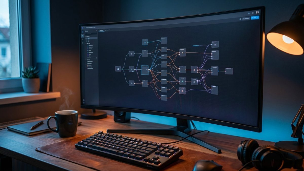 Monitor mostrando un lienzo de automatización con nodos conectados