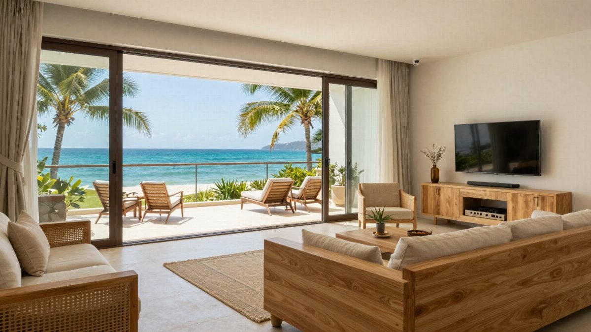 Sala de un departamento de renta vacacional con vista al mar en Puerto Vallarta